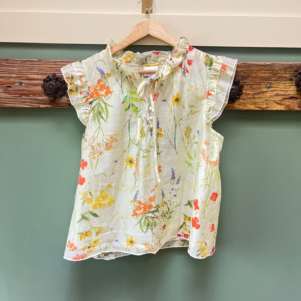 Bailey/44 Floral Ruffle High Neck Sleeveless Blouse Cream Wildflower Print Large
